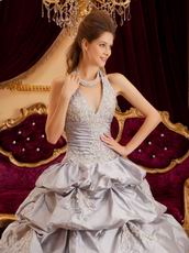 Appliqued Layers Skirt Gray Taffeta Quinceanera Gown On Sale