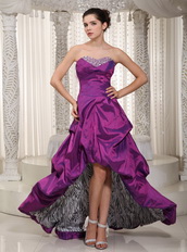 Violet Short Front Long Train Taffeta Prom Dress With Zebra Inside Short and Long Skirt