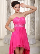 Hot Pink Hi-Lo Design Prom Celebrity Dress Lace Inside Emberllish Short and Long Skirt