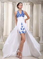 Simple Halter White Dress With Royal Blue Appliques Prom Dress Hi-Lo Short and Long Skirt