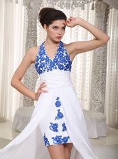 Simple Halter White Dress With Royal Blue Appliques Prom Dress Hi-Lo Short and Long Skirt