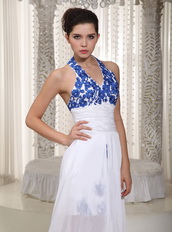 Simple Halter White Dress With Royal Blue Appliques Prom Dress Hi-Lo Short and Long Skirt