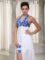 Simple Halter White Dress With Royal Blue Appliques Prom Dress Hi-Lo Short and Long Skirt