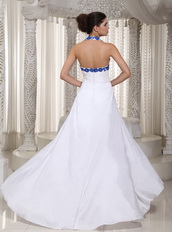 Simple Halter White Dress With Royal Blue Appliques Prom Dress Hi-Lo Short and Long Skirt