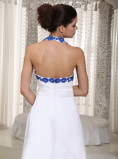 Simple Halter White Dress With Royal Blue Appliques Prom Dress Hi-Lo Short and Long Skirt