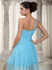 Top High-low Prom Dress With One Shoulder Aqua Blue Chiffon Skirt Short and Long Skirt