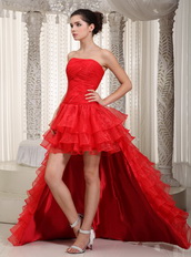 Scarlet Red Strapless Ruffles Prom / Party Dress With Detachable Train Short and Long Skirt