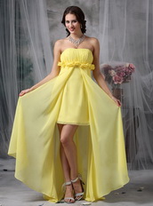 High-low Style Yellow Chiffon Prom Dress Hand Made Flowers Short and Long Skirt