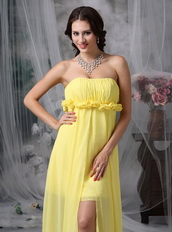 High-low Style Yellow Chiffon Prom Dress Hand Made Flowers Short and Long Skirt