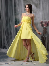 High-low Style Yellow Chiffon Prom Dress Hand Made Flowers Short and Long Skirt