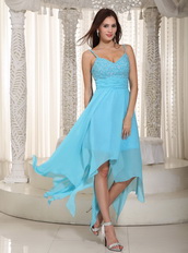 Spaghetti Straps Asymmetrical High Low Aqua Prom Dress Sexy Short and Long Skirt