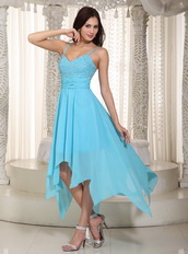 Spaghetti Straps Asymmetrical High Low Aqua Prom Dress Sexy Short and Long Skirt