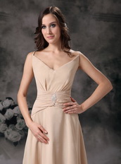 Champagne Spaghetti Straps V Neckline High Low Prom Dress Short and Long Skirt