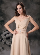 Champagne Spaghetti Straps V Neckline High Low Prom Dress Short and Long Skirt