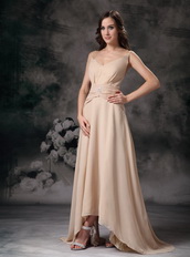 Champagne Spaghetti Straps V Neckline High Low Prom Dress Short and Long Skirt