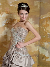 High-low Brown Taffeta Ruffles Skirt and Sequin Bodice Prom Dress Short and Long Skirt