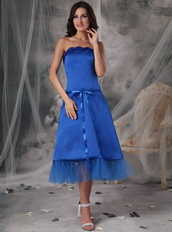 Strapless Tea-length Royal Blue Homecoming Dress With Belt Summer