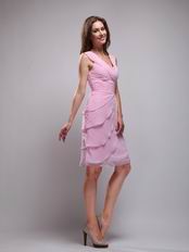 V-neck Knee-length Layers Pink Skirt Homecoming Dress