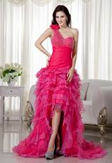 One Shoulder High Low Style Skirt Hot Pink Evening Dress