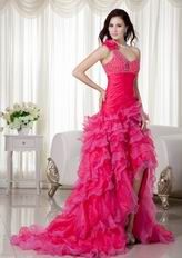 One Shoulder High Low Style Skirt Hot Pink Evening Dress