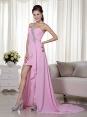 High-low Unique Design One Shoulder Pink Prom Dress