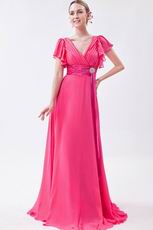 Modest Ruched Short Sleeves Draped Rose Pink Chiffon Prom Dress