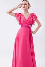 Modest Ruched Short Sleeves Draped Rose Pink Chiffon Prom Dress