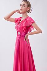 Modest Ruched Short Sleeves Draped Rose Pink Chiffon Prom Dress