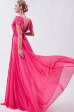 Modest Ruched Short Sleeves Draped Rose Pink Chiffon Prom Dress