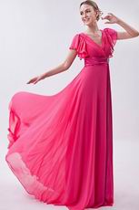 Modest Ruched Short Sleeves Draped Rose Pink Chiffon Prom Dress