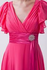 Modest Ruched Short Sleeves Draped Rose Pink Chiffon Prom Dress