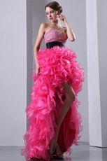 Crystals High Low Ruffles Skirt Hot Pink Cocktail Party Dress