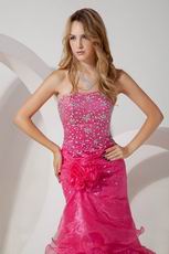 Fuchsia Flowers Decorate Beaded Mermaid Layers Evening Dress