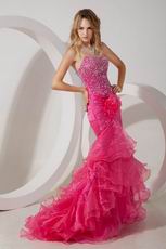 Fuchsia Flowers Decorate Beaded Mermaid Layers Evening Dress