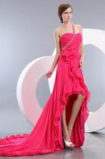 One Shoulder High Low Skirt Chapel Train Deep Pink Prom Dress