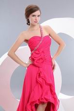 One Shoulder High Low Skirt Chapel Train Deep Pink Prom Dress