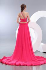 One Shoulder High Low Skirt Chapel Train Deep Pink Prom Dress