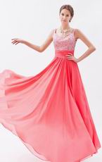 Princess Straps Coral Red Chiffon Prom Dress With Beading