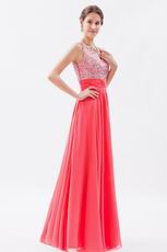 Princess Straps Coral Red Chiffon Prom Dress With Beading