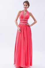 Beautiful Halter Top Watermelon Chiffon Prom Dress With Front Split