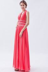 Beautiful Halter Top Watermelon Chiffon Prom Dress With Front Split