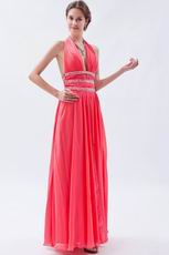 Beautiful Halter Top Watermelon Chiffon Prom Dress With Front Split