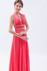 Beautiful Halter Top Watermelon Chiffon Prom Dress With Front Split