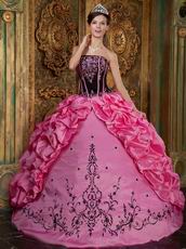 Strapless Hot Pink Quinceanera Dress With Black Embroidery