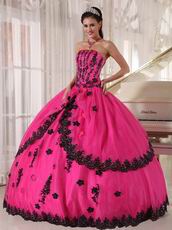 Strapless Fuchsia Sweet 16 Quinceanera Gown With Black Applique