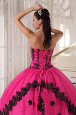 Strapless Fuchsia Sweet 16 Quinceanera Gown With Black Applique