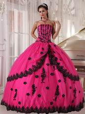 Strapless Fuchsia Sweet 16 Quinceanera Gown With Black Applique