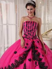 Strapless Fuchsia Sweet 16 Quinceanera Gown With Black Applique