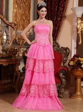 Hot Pink Prom Pageant Dress With Lace Cascade Skirt