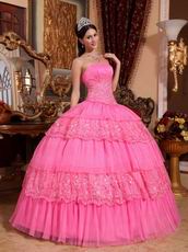 Hot Pink Sleeveless Layers Lace Skirt Quinceanera Dress